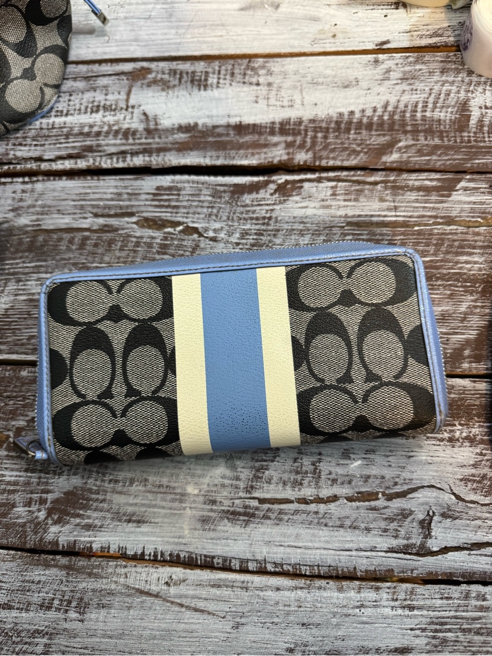 Coach Signature Tote with Blue and Cream Stripe with Wallet & Change Pouch - Picture 8 of 16